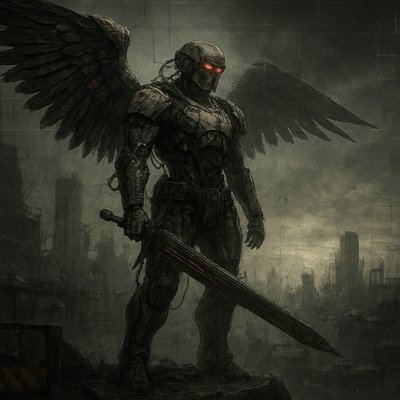 A futuristic cybernetic, dystopian, angel warrior, on a mountain top overlooking a deserted, broken city. Ultra-realistic. Extreme detail.