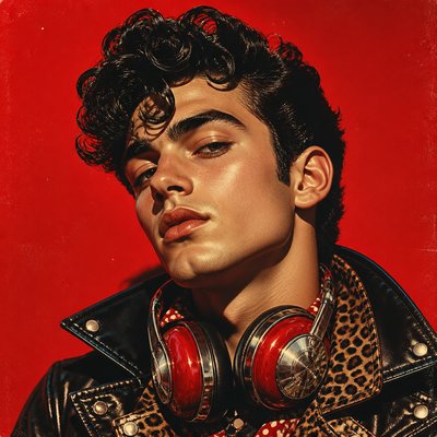 head-and-shoulders portrait of an original character: a young man with curly dark hair and headphones around his neck, plain backdrop, no text