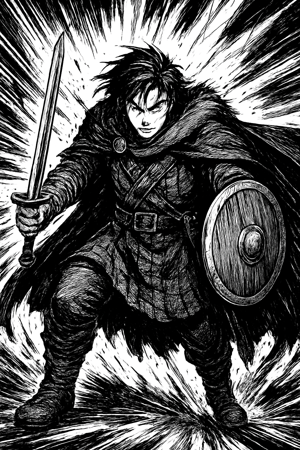 a black and white drawing of a man holding a sword