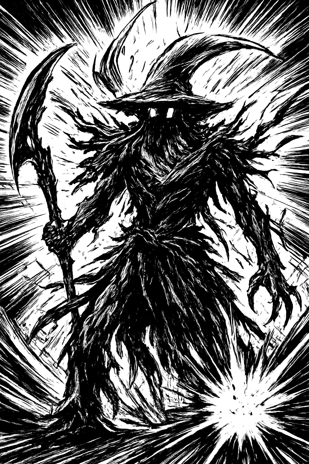 a black and white drawing of a wizard