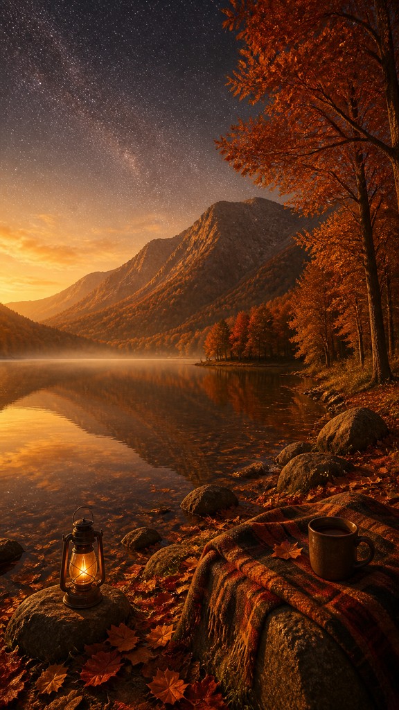 a tranquil mountain lake beneath a starry night sky, no people, no text