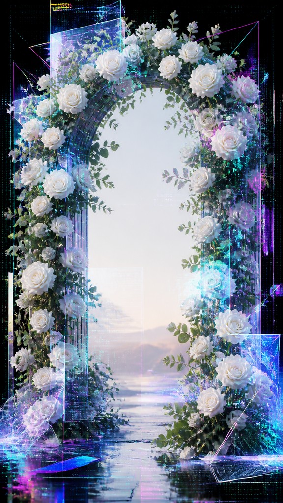 an arch of white roses and eucalyptus in soft morning light, elegant vertical composition with open space, no text