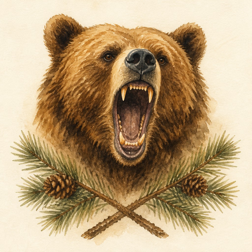 a roaring bear head above crossed pine branches, bold graphic composition on a plain background, no text