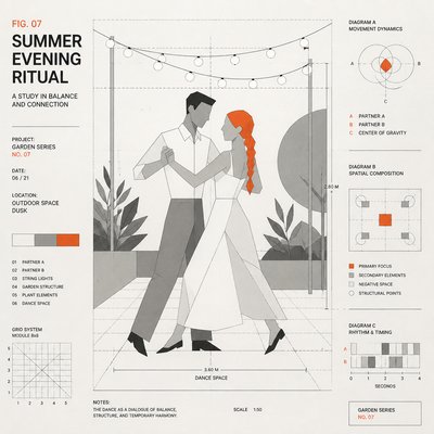 an original couple dancing under string lights in a garden at dusk: a man with short black hair in a linen shirt and a woman with braided red hair in a summer dress