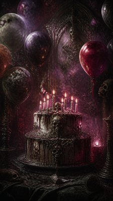 a birthday cake with lit candles surrounded by balloons and confetti, festive vertical composition, no text
