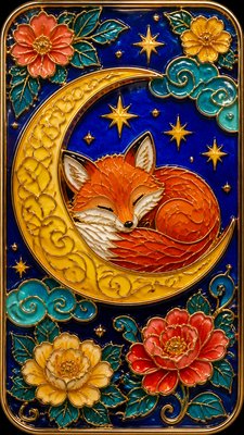 a sleeping baby fox curled on a crescent moon among soft stars, gentle and warm, no text