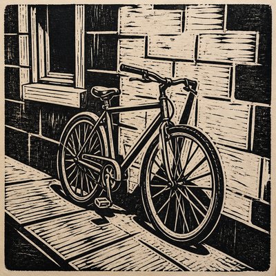 bicyle resting against a wall — Woodcut Print Style