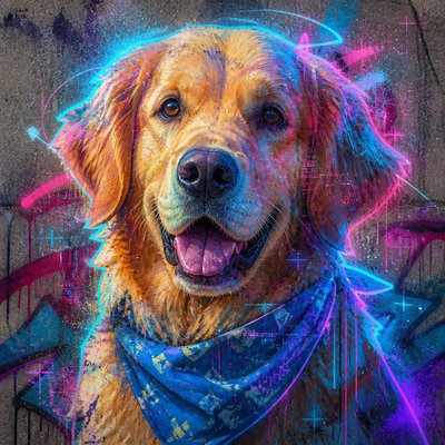 portrait of a golden retriever wearing a blue bandana, warm plain backdrop, no text