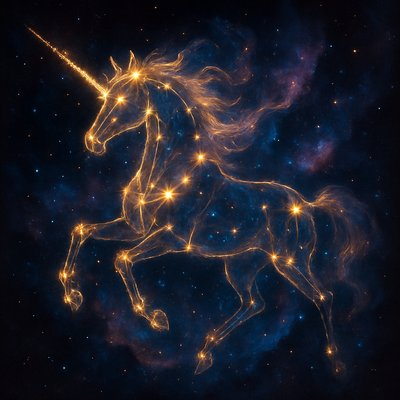 A vivid and artistic depiction of the Monoceros constellation as a majestic mythical unicorn, with its body, horn, mane, and legs formed by bright, glowing stars connected by ethereal golden lines to outline the shape. The unicorn appears dynamic and ethereal, galloping through the cosmos, surrounded by swirling clouds of colorful stardust, nebulae in shades of blue, purple, and pink, and scattered distant stars in a deep black space background. Render in a fantasy astronomy style, high detail, cosmic glow, and magical atmosphere.

