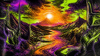 a vast valley with a river winding toward distant mountains at sunrise, no people, no text