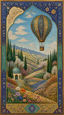 a hot air balloon drifting over rolling flower fields on a sunny day, cheerful, no text