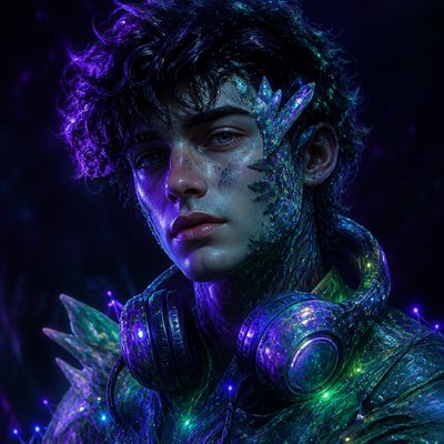 head-and-shoulders portrait of an original character: a young man with curly dark hair and headphones around his neck, plain backdrop, no text