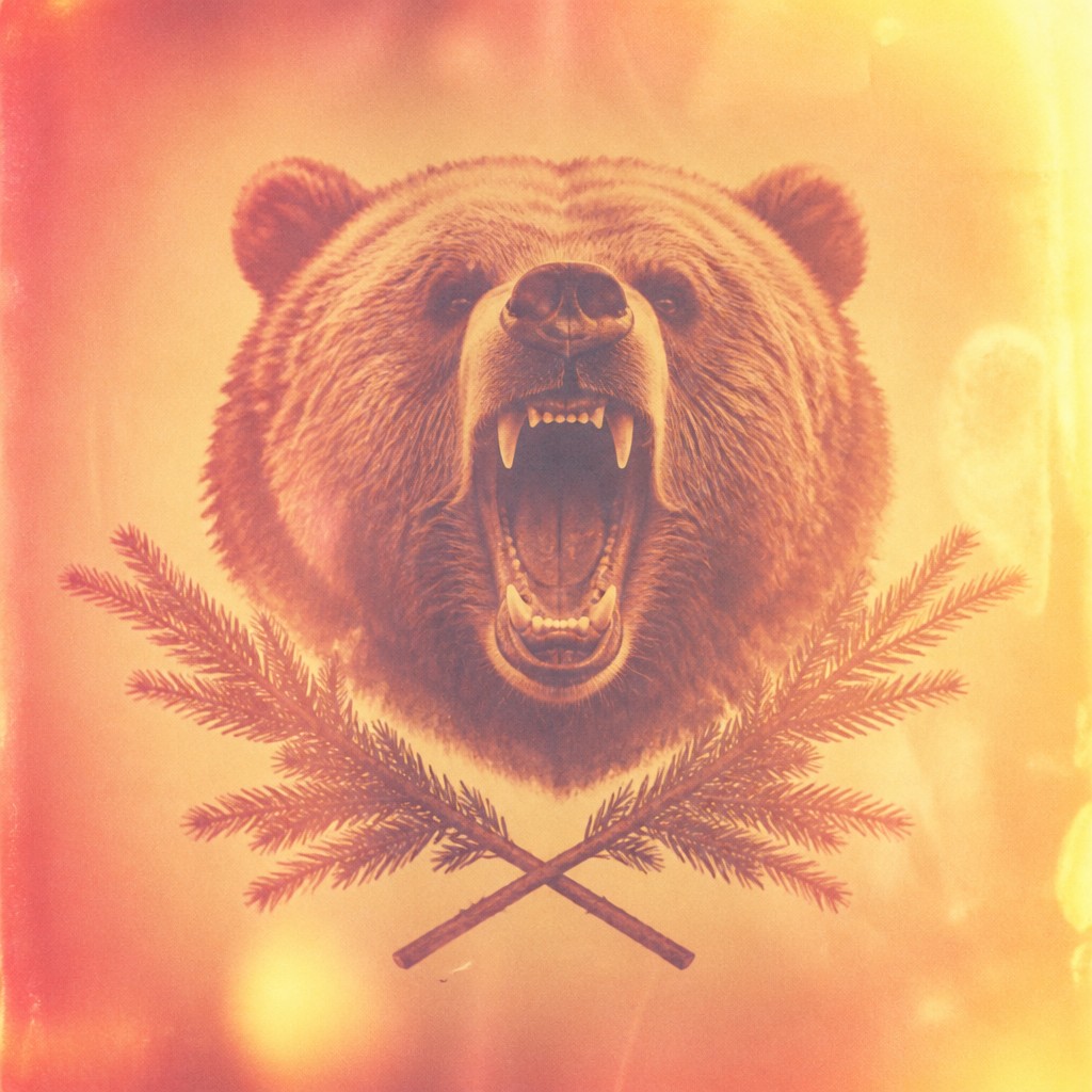a roaring bear head above crossed pine branches, bold graphic composition on a plain background, no text
