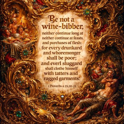 “Be not a wine-bibber, neither continue long at feasts, and purchases of flesh: for every drunkard and whoremonger shall be poor; and every sluggard shall clothe himself with tatters and ragged garments.” (Proverbs 23:20-21, Brenton)
