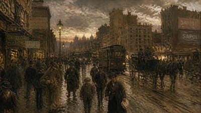 bustling city street panorama at dusk