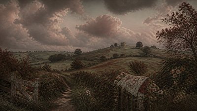 rolling hills with scattered trees under a big dramatic sky, no people