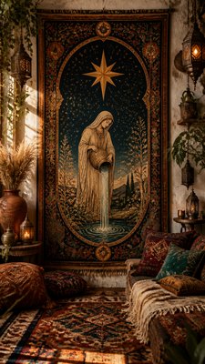 a robed figure pouring water beneath a large eight-pointed star in a night sky, symmetrical composition with an ornate decorative border, no text