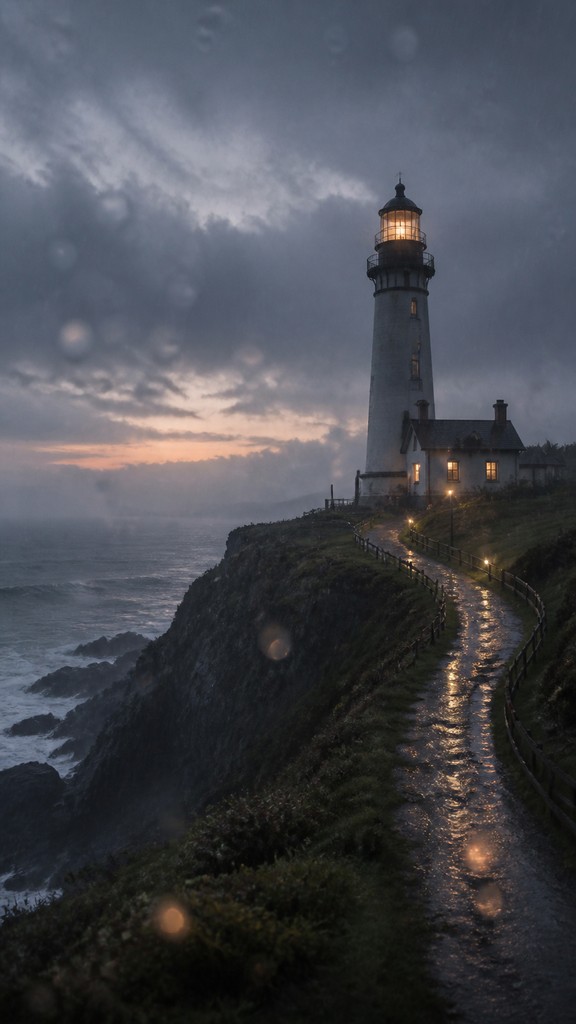a lone lighthouse on a cliff at dusk under a dramatic sky, no text or lettering