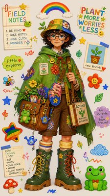 full-body original character: a wandering botanist with a satchel of plants, a patched green cloak, tall boots and round glasses, neutral background