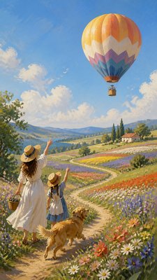 a hot air balloon drifting over rolling flower fields on a sunny day, cheerful, no text