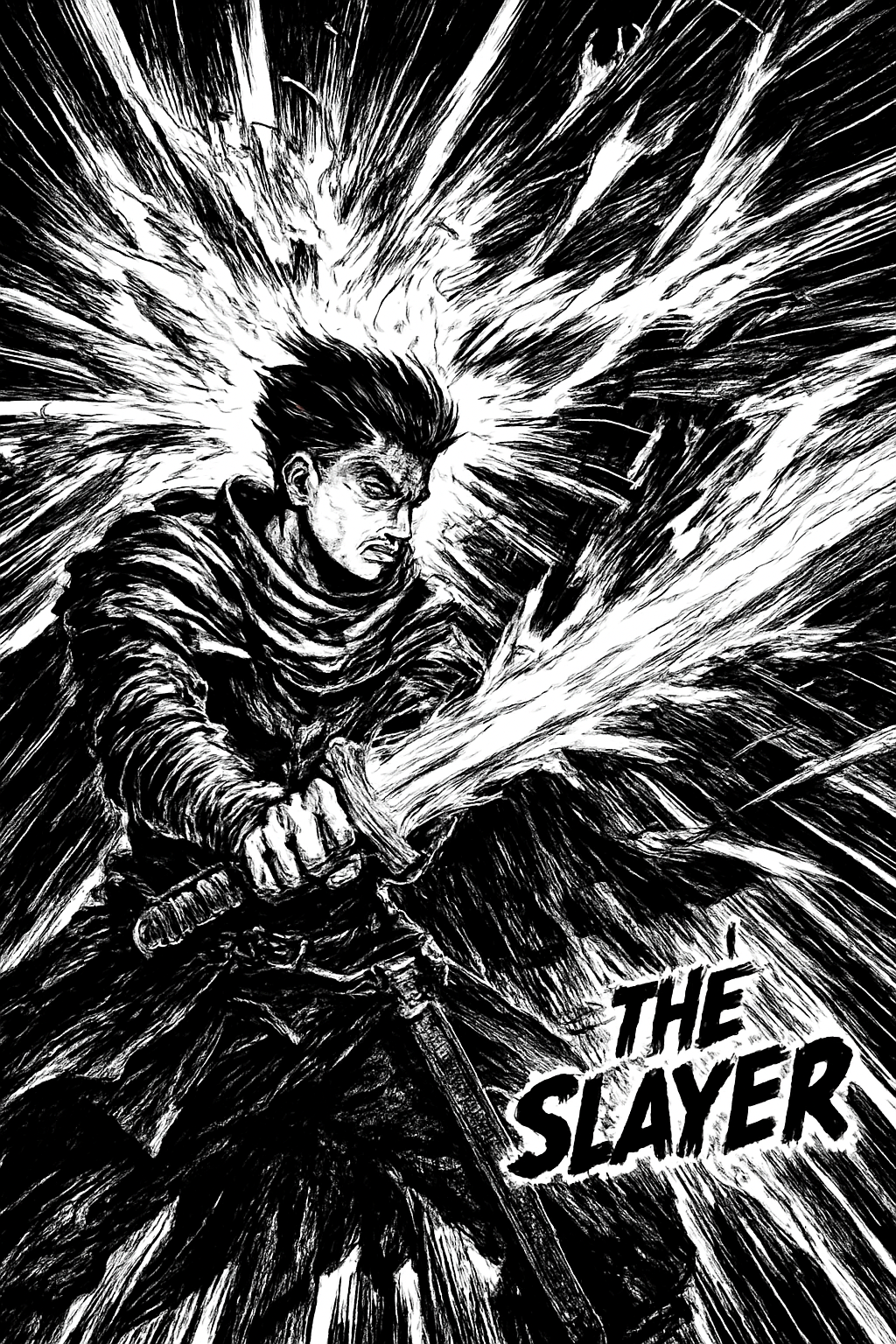 a black and white drawing of a man holding a sword