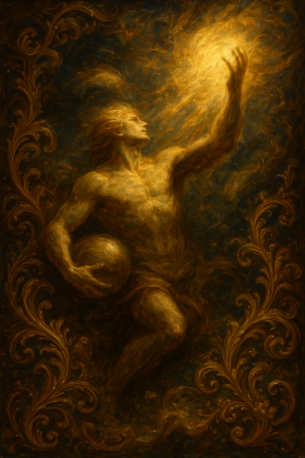 a painting of a man holding a light in his hand