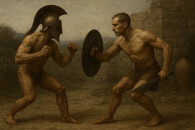 a painting of two men fighting each other