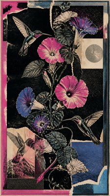 a climbing vine of flowers and hummingbirds on a dark background, tall wrapping composition, no text