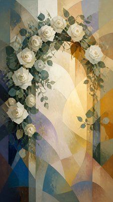an arch of white roses and eucalyptus in soft morning light, elegant vertical composition with open space, no text