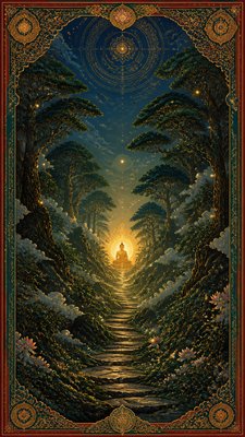 a mysterious forest path with fireflies and drifting mist, atmospheric vertical composition with open space at the top, no text