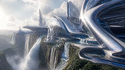 a cliffside city with waterfalls cascading into a misty canyon, wide establishing shot, no people, no text
