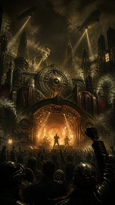 a live music scene with a glowing stage and silhouetted crowd, energetic vertical composition with open space at the top, no text