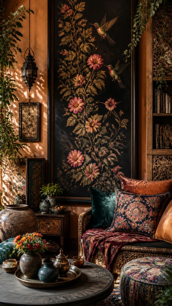 a climbing vine of flowers and hummingbirds on a dark background, tall wrapping composition, no text