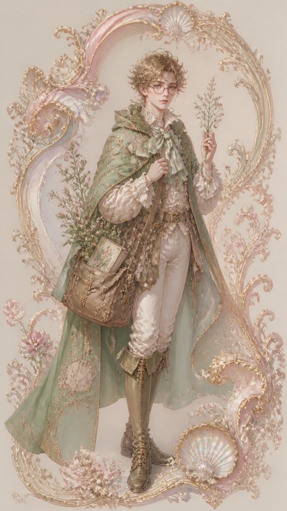 full-body original character: a wandering botanist with a satchel of plants, a patched green cloak, tall boots and round glasses, neutral background