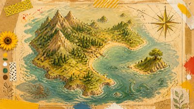 a map of an island realm with mountains, forests, a sheltered bay, sea monsters in the water and a compass rose, no text labels