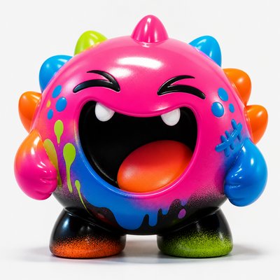 an exaggerated laughing face of an original round mascot character, bold and readable at small size, plain background, no text