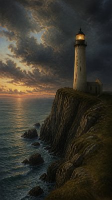 a lone lighthouse on a cliff at dusk under a dramatic sky, no text or lettering