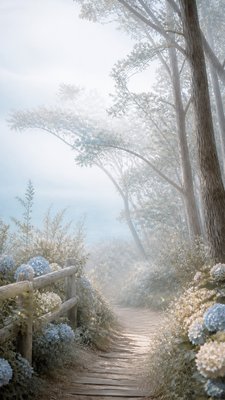 a mysterious forest path with fireflies and drifting mist, atmospheric vertical composition with open space at the top, no text
