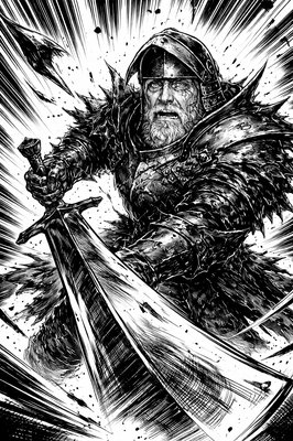 a black and white drawing of a man holding a sword