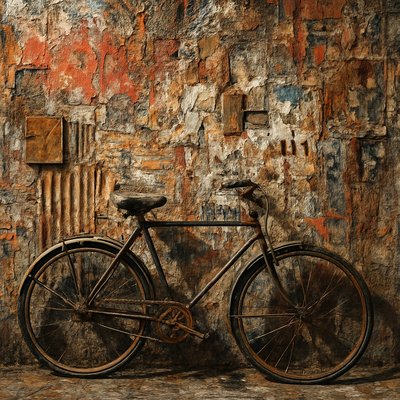 bicyle resting against a wall