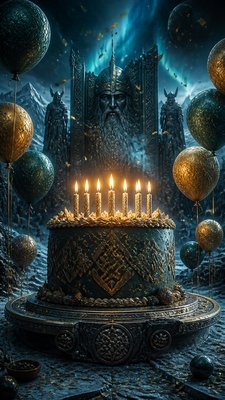 a birthday cake with lit candles surrounded by balloons and confetti, festive vertical composition, no text