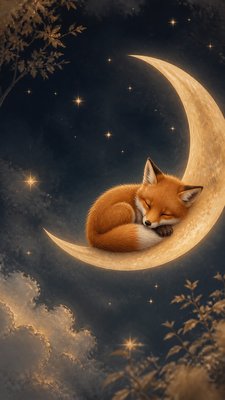 a sleeping baby fox curled on a crescent moon among soft stars, gentle and warm, no text