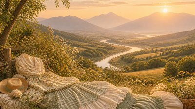 a vast valley with a river winding toward distant mountains at sunrise, no people, no text