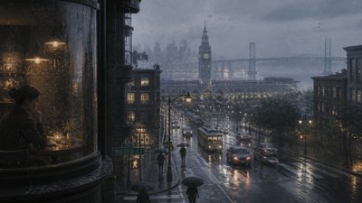 bustling city street panorama at dusk