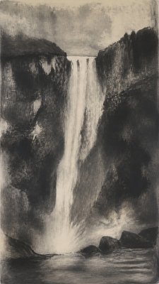 towering waterfall cascading down a cliff