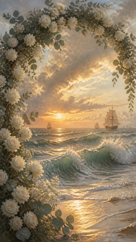 an arch of white roses and eucalyptus in soft morning light, elegant vertical composition with open space, no text