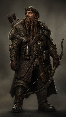 full-body original character: a dwarven ranger with a braided auburn beard, worn leather armor, a longbow and a wolf-pelt cloak, neutral background, no text
