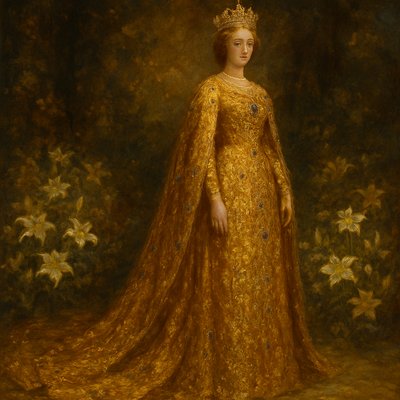 Oil Painting Art Style, Baroque Art Style, a breathtakingly majestic and regal full-length portrait of "The Queen in Gold of Ophir," inspired by Psalm 45. The Queen stands with impeccable grace and royal dignity, her posture radiating quiet power. Her expression is serene, gentle, and profoundly gracious, with a subtle, noble peace. She is adorned in an exquisitely elaborate gown woven entirely from the finest, purest gold of Ophir, which shimmers and gleams with unparalleled brilliance, featuring a magnificent, flowing long train that sweeps gracefully behind her across the ground. Her attire is intricately embellished with countless precious jewels—sapphires, rubies, and emeralds—each sparkling intensely with Baroque dynamism. A delicate yet regal golden crown, also ablaze with light, rests upon her head. The setting is a serene yet grand sacred garden abundant with white and golden lilies, which bloom richly around her feet and extend into the softly focused background. The scene is bathed in dramatic, warm, golden ambient light that creates striking highlights on her golden gown and the lilies, making her and her lavish garments glow amidst the natural beauty. Focus on the unparalleled brilliance, texture, and radiant shine of her golden gown and its sweeping train, the intense sparkle of her jewels, her majestic yet gentle presence, and the luxurious, sacred atmosphere created by the golden light and the symbolic lilies, befitting a queen in God's presence.