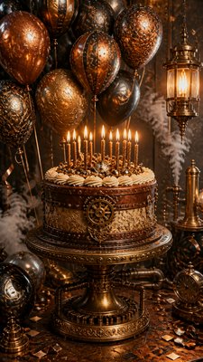 a birthday cake with lit candles surrounded by balloons and confetti, festive vertical composition, no text