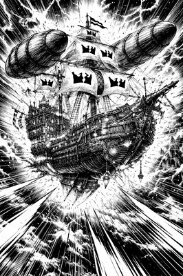 a drawing of a ship in the middle of a storm